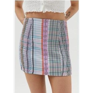 New Urban Outfitters Linny Smocked Hook & Eye Mini Skirt Grunge Plaid Womens S